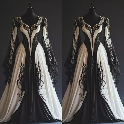 Gothic Black White Wedding Dresses V-Neck Long Sleeves Lace Applique ...