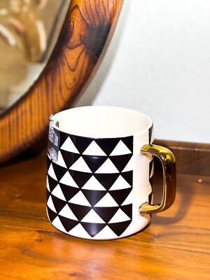 Thyme & Table Cup Black & White Medallion Stoneware Mug New with Tag Gold Handle