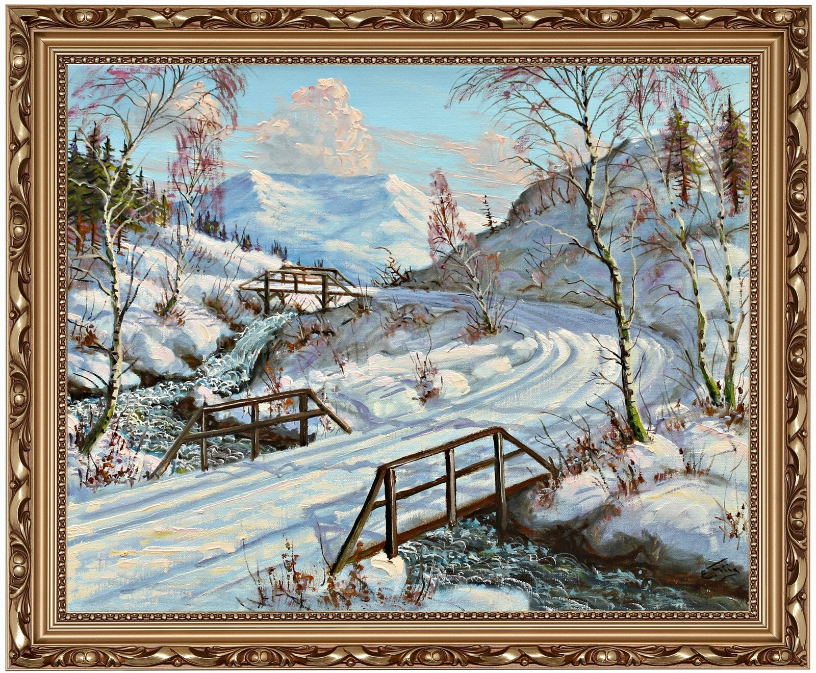 Ernst Friis – Winter Landscape With River And Snow – Oil On Canvas, Signed