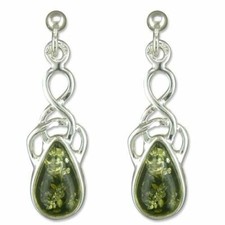 Silver and drop stud Celtic earrings with teardrop green amber