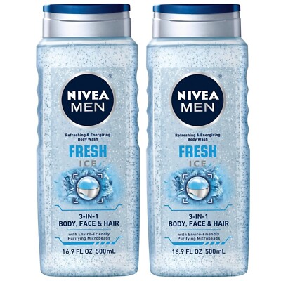 2 NIVEA MEN FRESH ICE 3 IN 1 BODY FACE HAIR BODY WASH 16.9 FL OZ New (2 PACK)