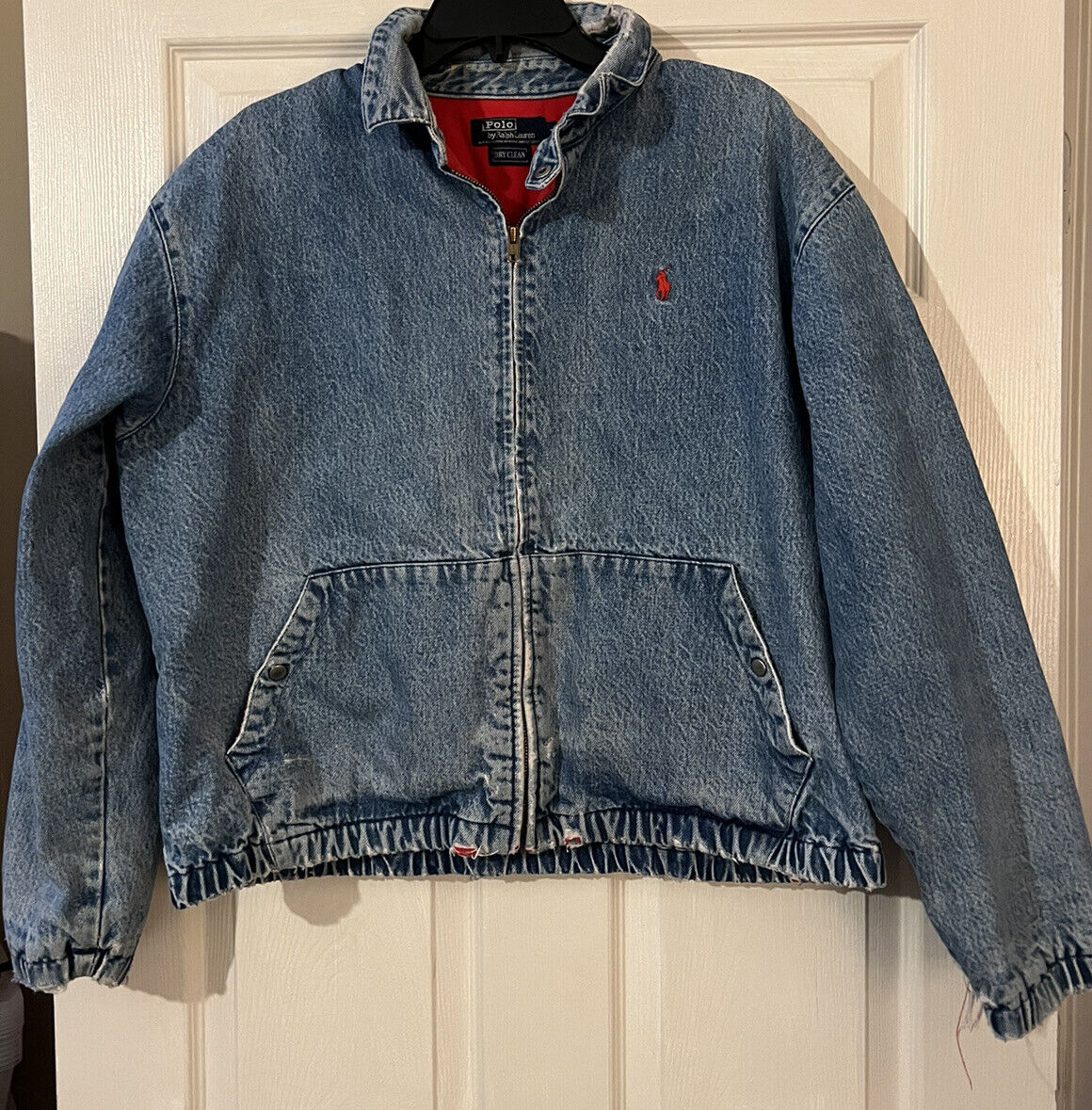 POLO RALPH LAUREN Vintage 80's Lined Distressed Jean Jacket Large Full Zip  USA