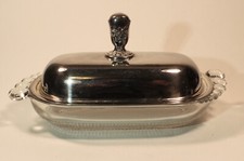 Ancien beurrier en verre à bulles couvercle argenté par International Silver Co