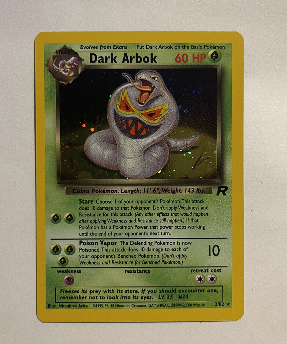 1995 dark arbok pokemon card value 1995 Dark Arbok Holo 2/82 Team Rocket Holo Rare Pokémon TCG Card✨
