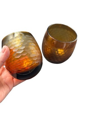 Pair Vintage Roly Poly Faceted Amber Gold Honeycomb Stemless Rocks Glasses