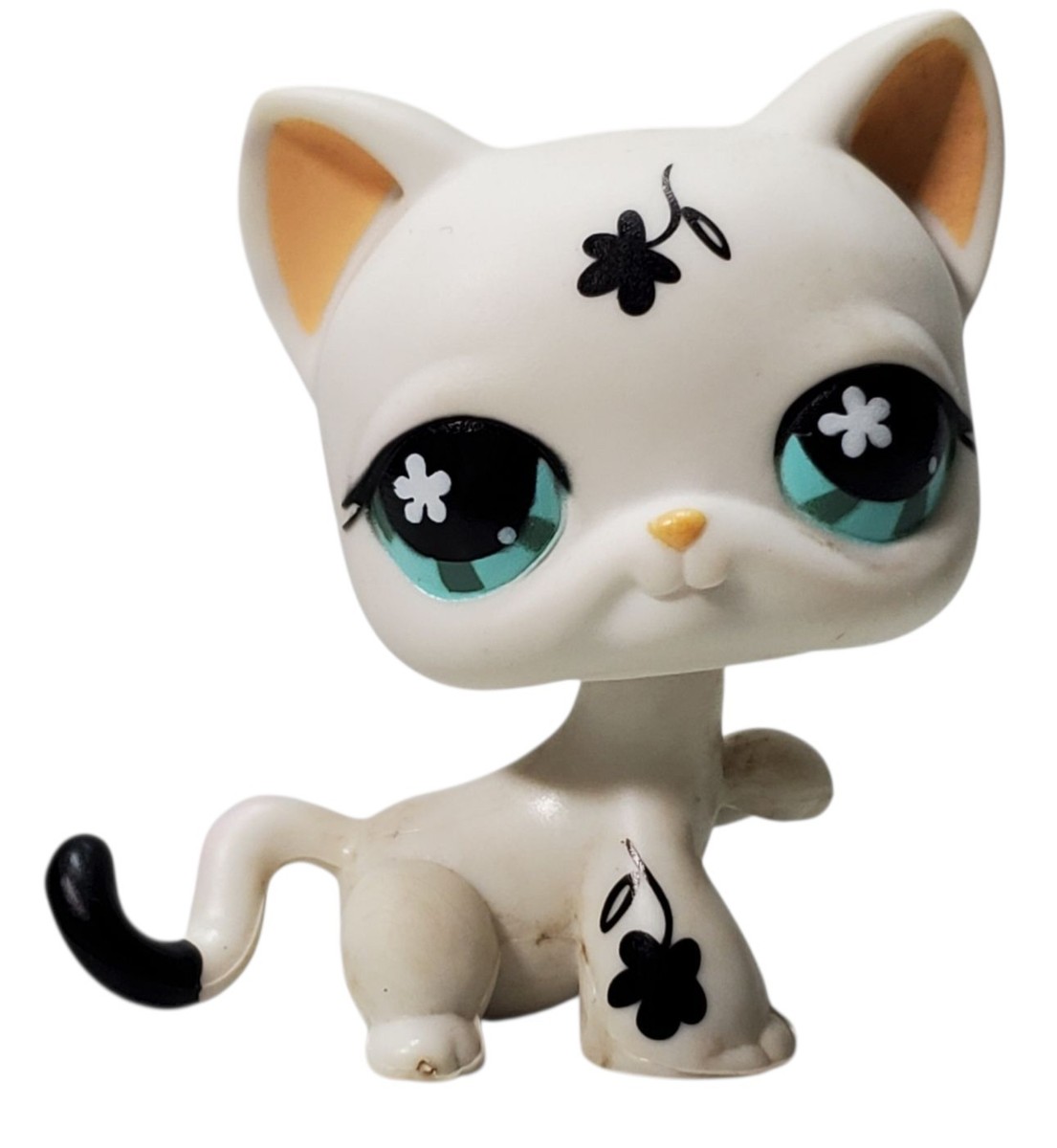 Littlest Pet Shop – White Cat w/ Black Flowers - Green Flower Eyes