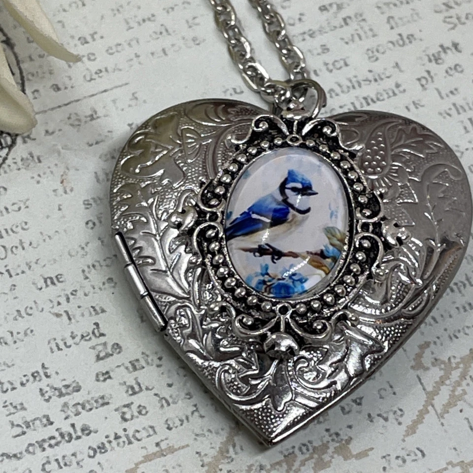 Corazón Plata Medallón Collar Foto Boda Vidrio Pájaro Azul Jay Cumpleaños Regalo Mamá Foto 3 de 4