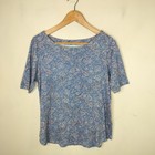 J Jill Pima Cotton Elbow Sleeve Tee Petite Medium PM Women's Floral Blue Shirt