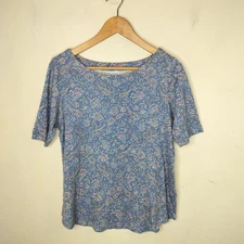 J Jill Pima Cotton Elbow Sleeve Tee Petite Medium PM Women's Floral Blue Shirt