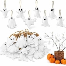 24 Pcs White Felt Ghost Hanging Ornaments with Witch Hats, Halloween