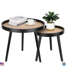 Chic Black Rattan Round Side Table - Stylish Accent Table for Modern Boho Decor
