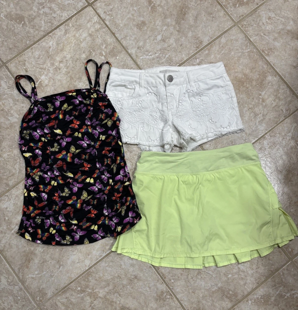 Ivivva Lululemon Girls Skirt Size 12, Denim Jean Shorts XS And Butterfly Tank S