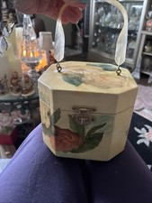 Vintage Octagon felt Lined Wooden Box Purse Decoupage add-ons Acrylic Handle