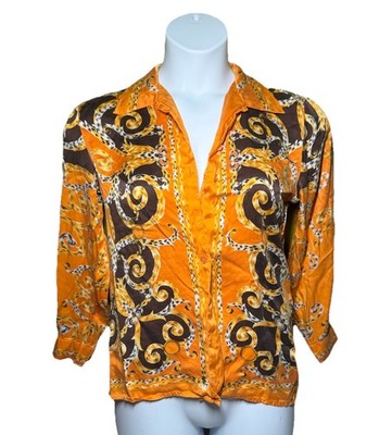 VTG Sharagano Paris Silk shirt Ladies Orange Brown Top Small Psychedelic Disco