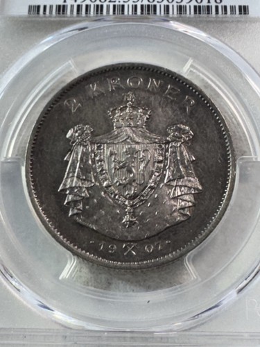 1905 Norway 2 Kroner Small Coat of Arms Silver Coin Graded AU 55 by PCGS
