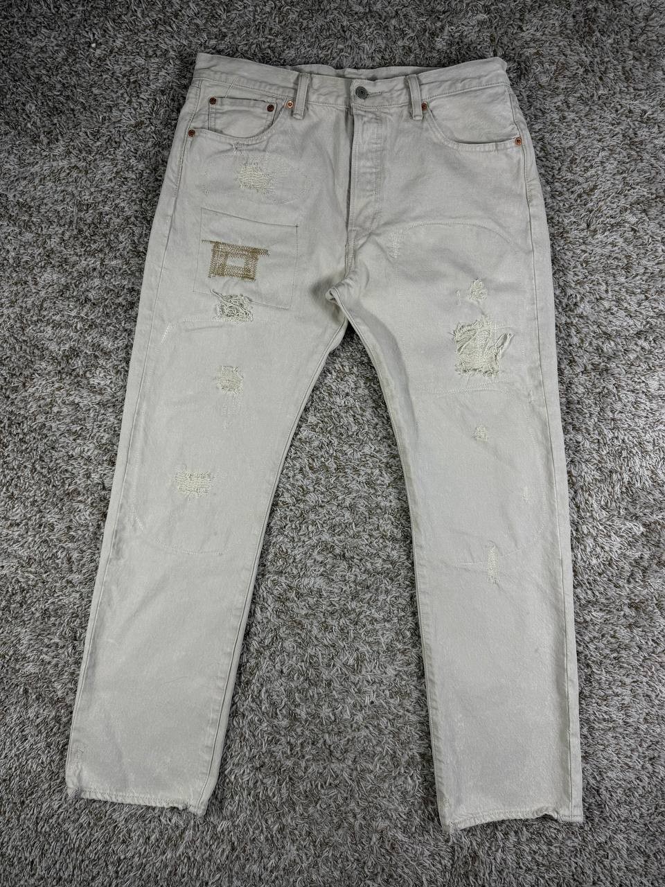 Levi's 501 Distressed Patchwork Denim Light Gray … - image 1