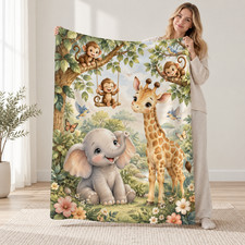 Elephant Giraffe Monkeys Jungle Watercolor Coral Fleece Blanket