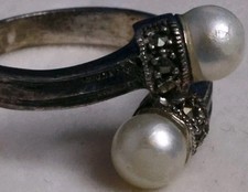 Vintage Sterling Silver 925 CW Faux Pearl Marcasite Ring Size 6.5