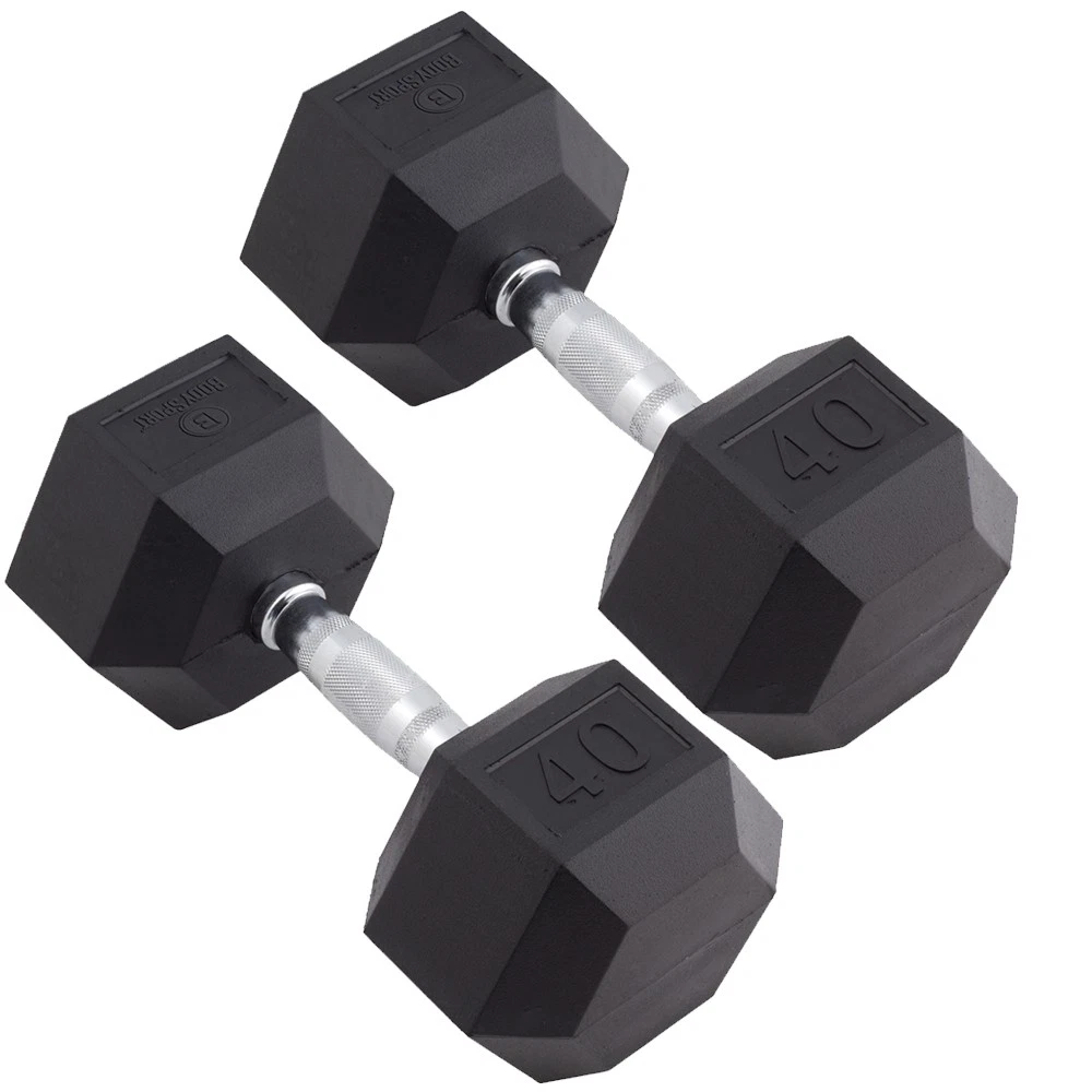 Body Sport Rubber Encased Hex Dumbbell Weight – Exercises – 40 lb Pair