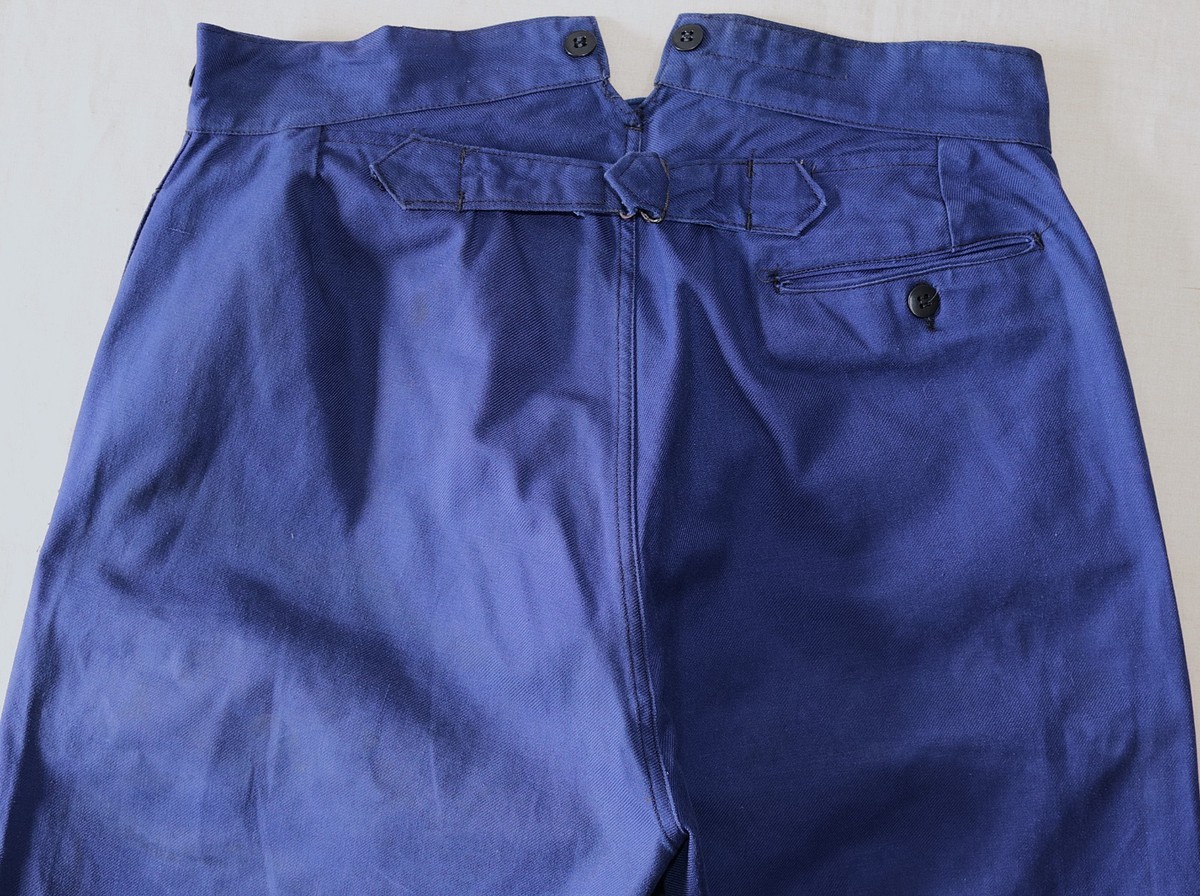French 1940s Blue Cotton Twill Buckle Back Work Chore Pants BLEU