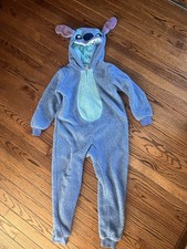 Disney Stitch Girls Size 7-8 Blue Hooded Footless Fleece One-Piece Sleeper