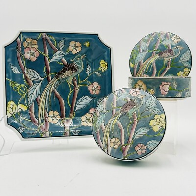 Vintage WBI Chinoiserie Partridge 3 Pc Set - Plate & 2 Trinket Bowls w/ Lids