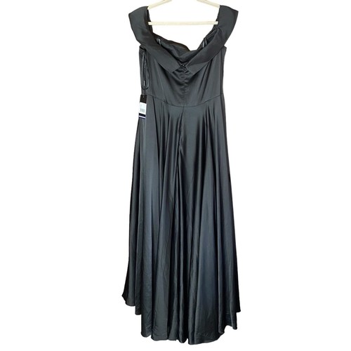 La Femme 28978 Off Shoulder A Line Gown Plus Sz 20 Satin Black Slit Prom NEW - Picture 5 of 13