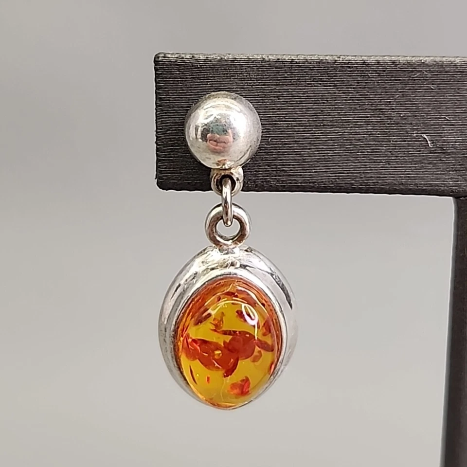 Pendientes perforados ámbar ovalados colgantes bisel naranja espalda abierta tono plata 1,25" Foto 3 de 4