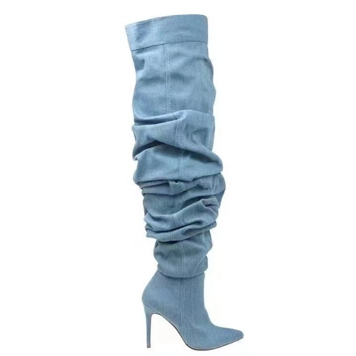 Runway Slouch Pleated Womens Pointed Toe High Stilettos Heel Over The Knee Boots - Image 4 of 4
