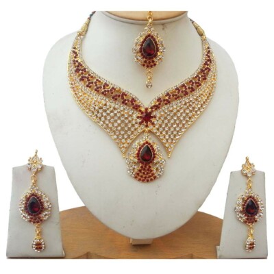 Bollywood Sari bridal Geschenkset Schmuck Rot Tradition Gold neu Kette vergoldet