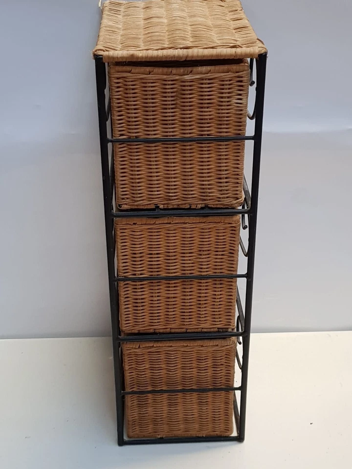 Vintage 3 Wicker Drawers in Black Metal Stand – Sturdy 3-Drawer Storage Unit - Image 4 of 4