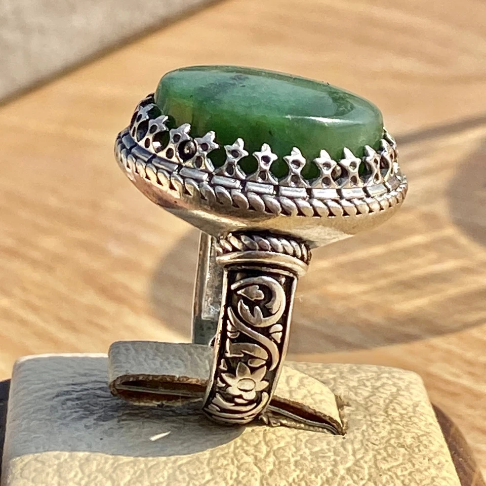 Heavy sultani 925 纯银男士戒指 天然绿色玉石戒指 17 克 — 第 2/4 张图片