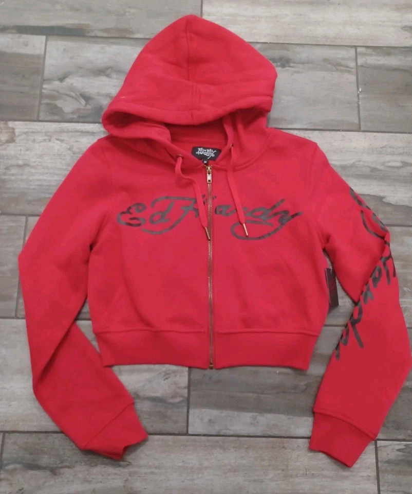 Conjunto de calças com capuz femininas Ed Hardy novo com etiquetas L vermelho Y2K corte coração partido conto de fadas - Imagem 3 de 4