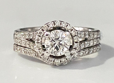 18K White Gold & 1.0CT Diamond Halo 2 Parts Bridal Set Ring Size K 1/2  -  5 1/2