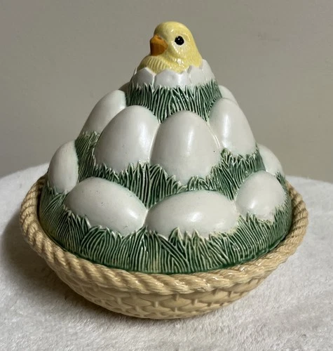 Vtg Westmoreland Chick & Eggs Basket Covered Dish Hand Painted Easter