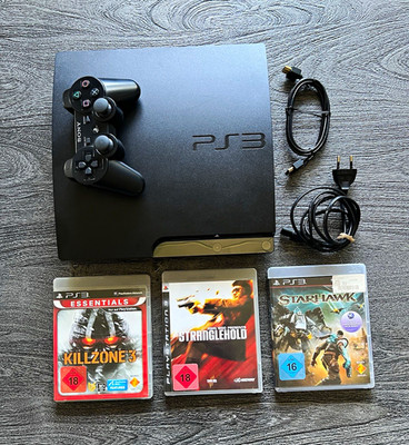 Sony PlayStation 3 Slim Konsole schwarz Set Controller Kabel + 3 Spiele