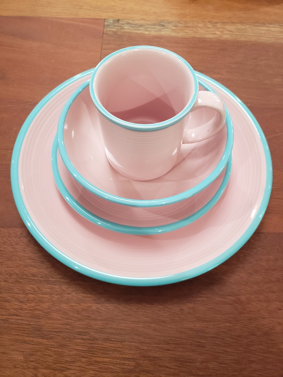 食器 ri 4 COMPLETE SETS of Vintage Century RIO Pink Stoneware Teal Rim