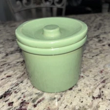 Vtg Small Primitive Butter Cheese Crock Jar & Lid in Green COUNTRY Farmhouse