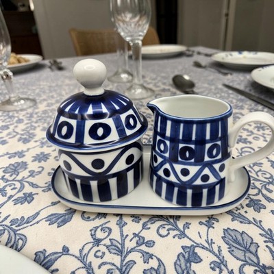 Vintage Dansk Arabesque Sugar Creamer Set Tray Blue MCM Denmark 4 Pc