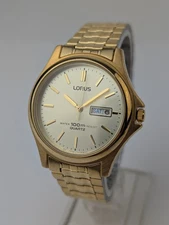 Vtg NEW OLD STOCK Lorus Gold Tone Quartz Day Date Watch 36mm Men's V733-9A10