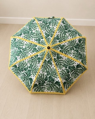 MacKenzie-Childs Monstera Leaf Dot Folding Rain Umbrella Yellow Trim