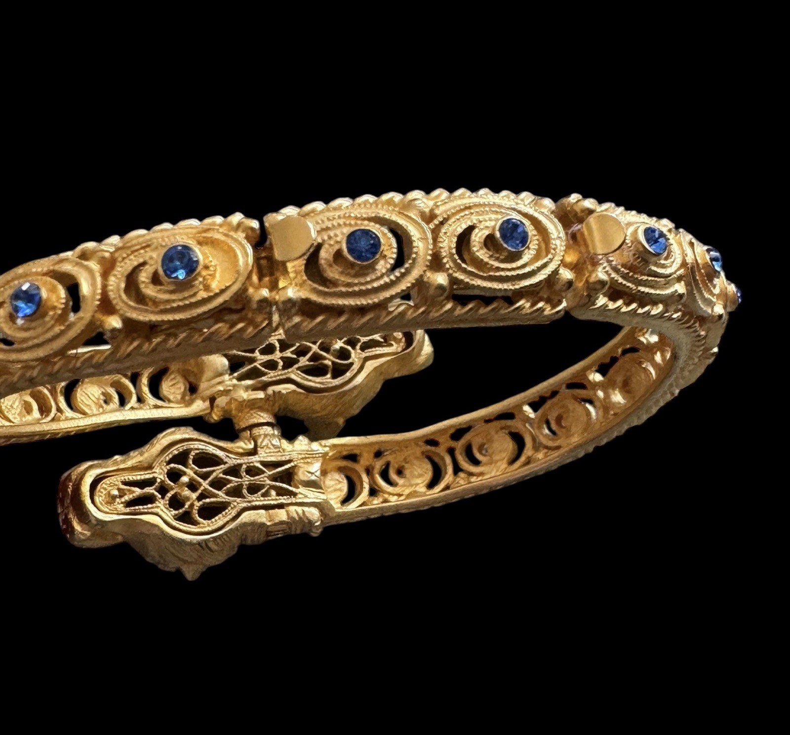 RARE VTG Camrose & Kross JBK Gold Panther Heads Bangle Bracelet W Size Extender