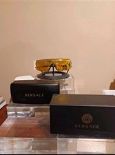 Versace Men's Shield Sunglasses Gold Metal Frame Gold Mirrored Lens w/ Case