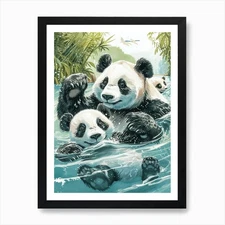 Giant Panda Family Swimming In A Ri Framed Wall Art Poster Canvas Print Picture