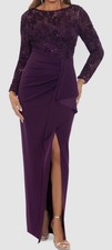 Xscape Women's Purple Long-Sleeve Lace Top Dress Size: 12