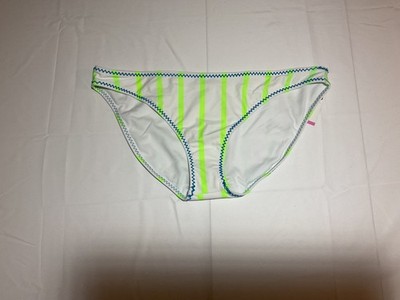SO Juniors Kiwi Green White Striped Stitched Trim Midrise Bikini Swim Bottom NWT