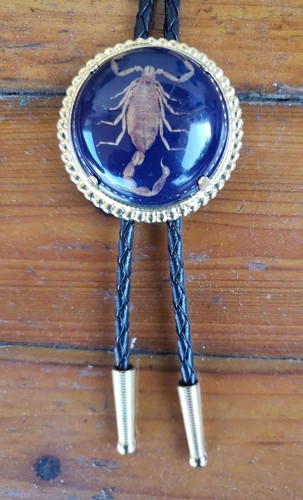 Scorpion Design White & Silver Rodeo Round Bolo Tie - Western Cowboy Neckwear