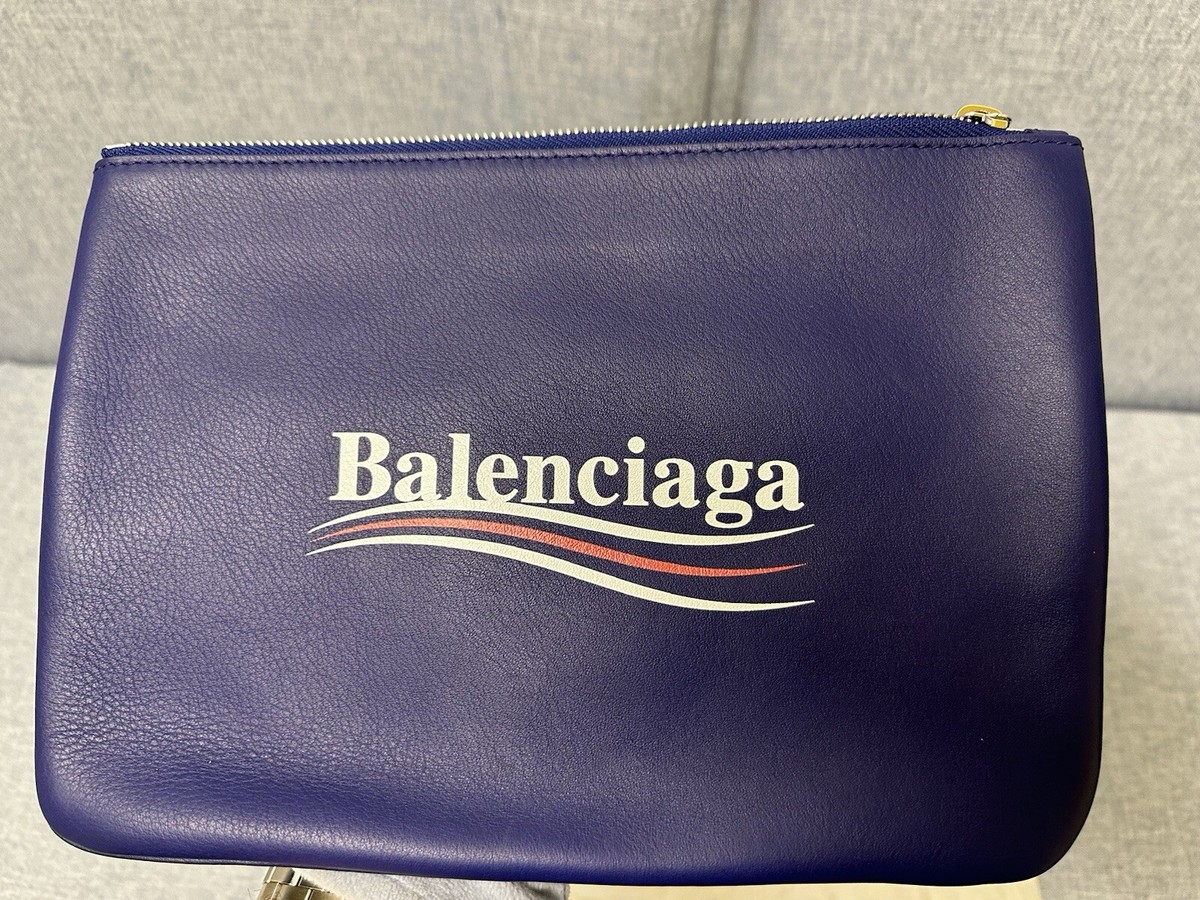 Balenciaga Leather Explorer Campaign Logo Zip Clutch Pouch Blue