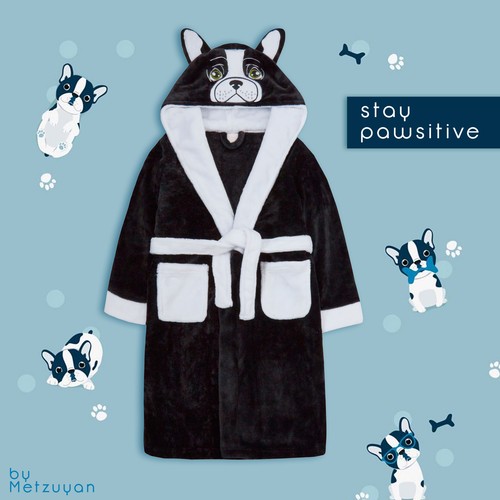 Kids Girls Animal Hooded Dressing Gowns French Bulldog Dog Face 3D Ears