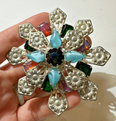 Vintage Sunburst Star Blau Mondschein Smaragd Glas Black Strass Brosche Cq11.12